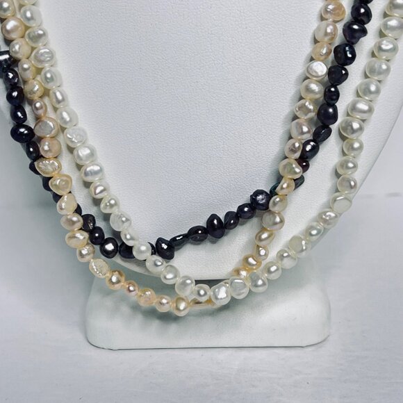 Set Of 3 Freshwater Pearl Necklaces White Cream & Black W/Sterling Clamp (5881) - Picture 3 of 7